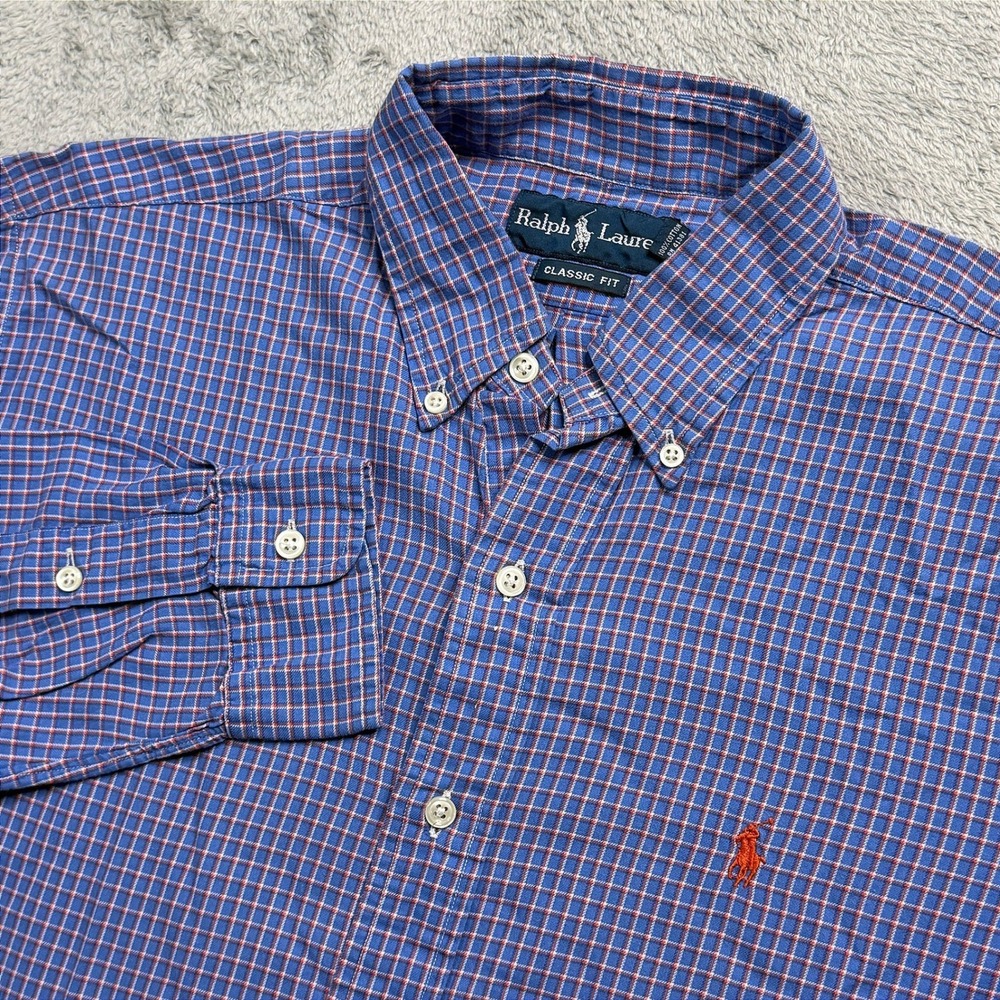 Ralph Lauren Mens Classic Fit Blue Red Plaid Button Down Shirt Medium Long Sleev